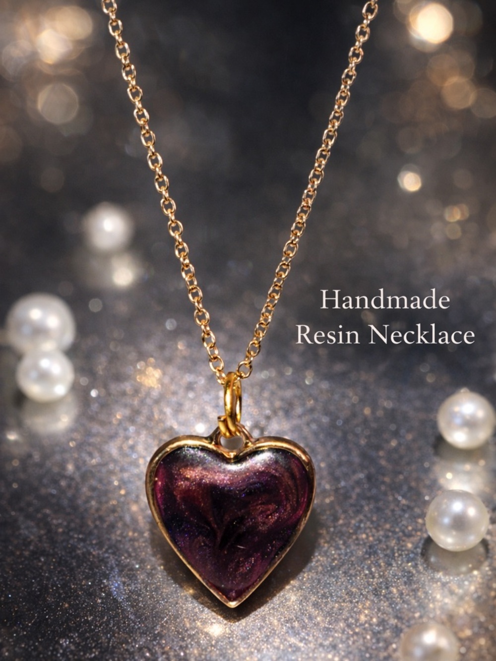 Handmade Resin Heart Necklace Gold Chain Sparkle Pendant Gift - Picture 2 of 6